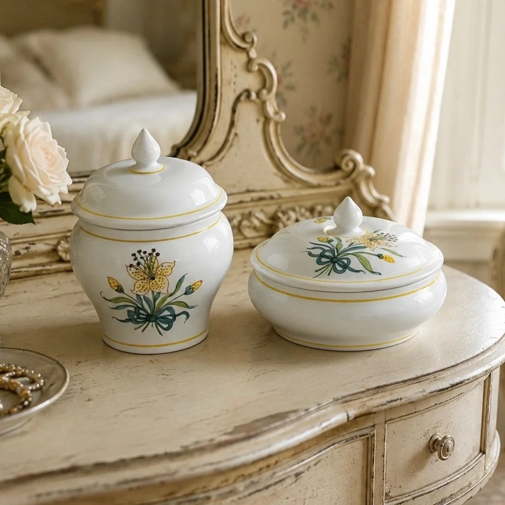 Pivato Nove Italy Pair Ceramic Lidded Vanity Jars Canisters Yellow Floral